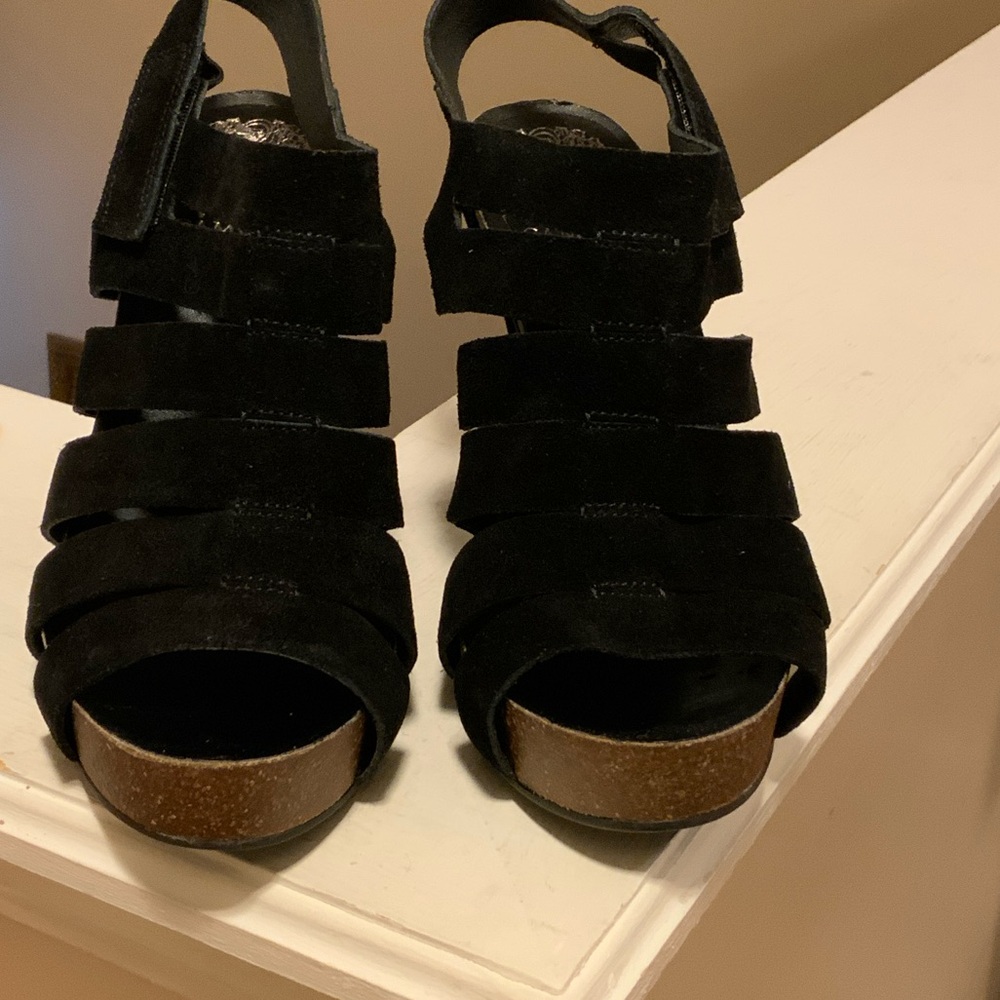 Vince Camuto Black Suede Strappy Platform Wedge Sandals